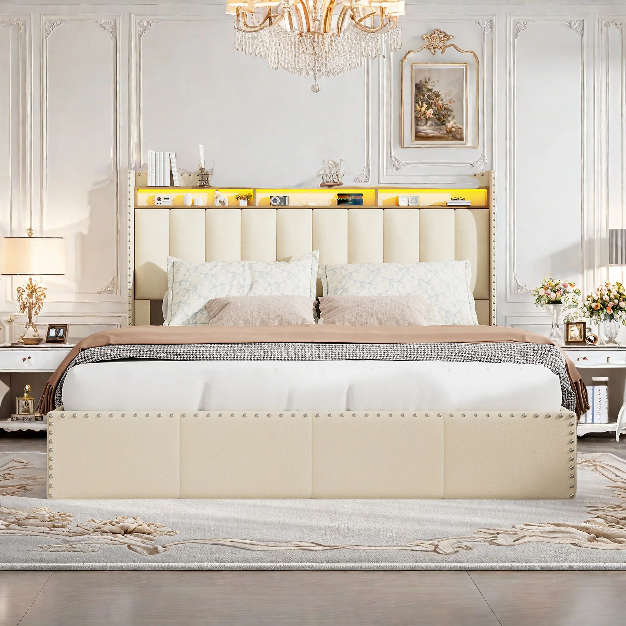 Comanlai Polsterbett 140 × 200 cm, LED-Bett mit USB-Anschluss, Doppelbettgestell, Polsterbett mit Stauraum, Bett mit Lattenrost Image