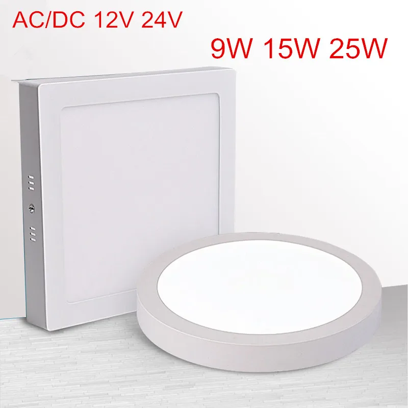 LED-Panel-Leuchte, 9 W, 15 W, 25 W, rundes/quadratisches Downlight, AC/DC, 12 V, 24 V, LED-Oberflächen-Deckenleuchte für Küche, Badezimmer, Beleuchtung