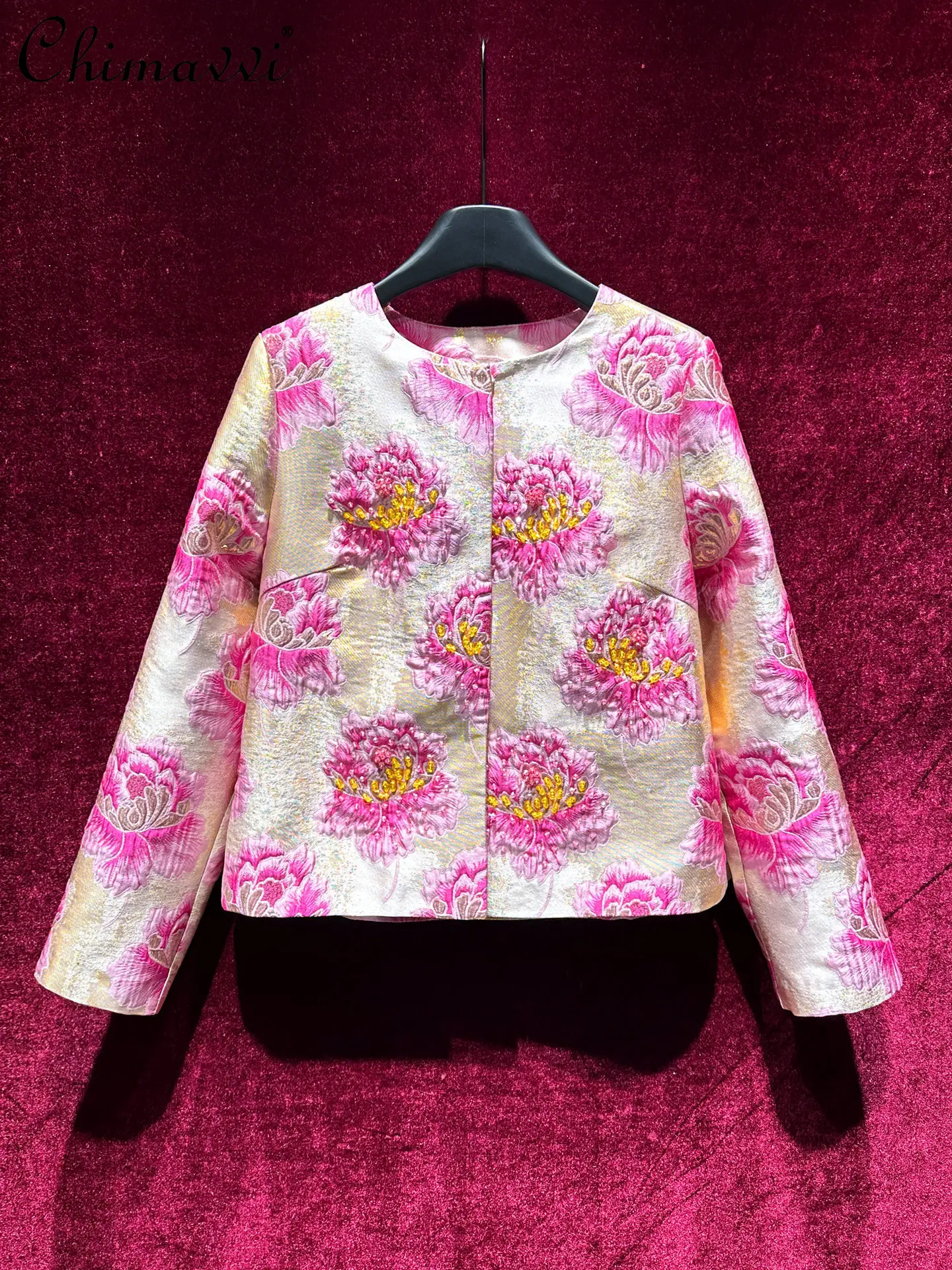 Elegante High-Society-Jacke mit Schwerer Perlenstickerei, Rosa Blumenmuster, Frühling und Herbst 2026, Neue Mode, Retro-Elegant, Langarm, Kurze Jacke