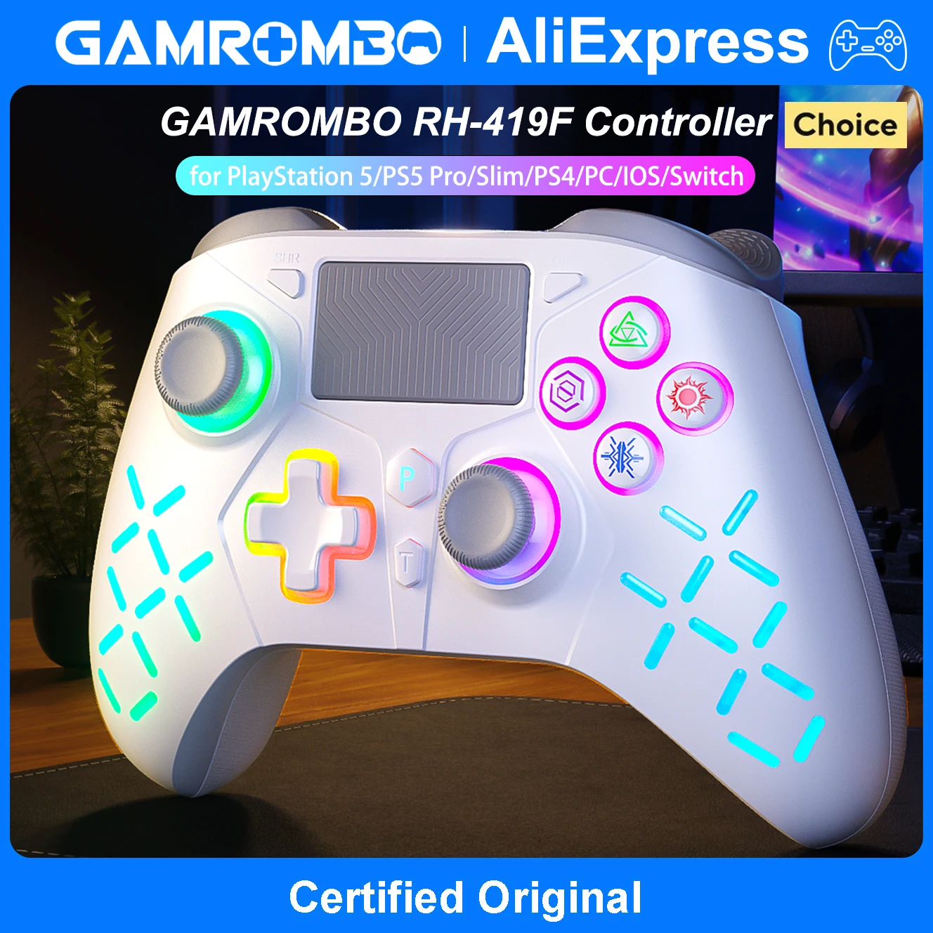 GAMROMBO Game-Controller für PlayStation 5/PS5/PS4/PC/iOS/Switch-Konsole mit RGB Turbo Dual Vibration 6-Achsen-Gyro Wireless Gamepad Image
