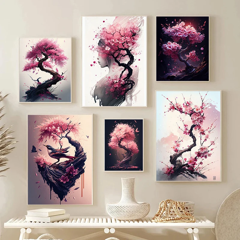 Japanische Sakura Wandkunst Poster Druck Leinwand Malerei Rosa Aquarell Kirschblüte Ästhetische Bilder für Wohnzimmer Dekor Image