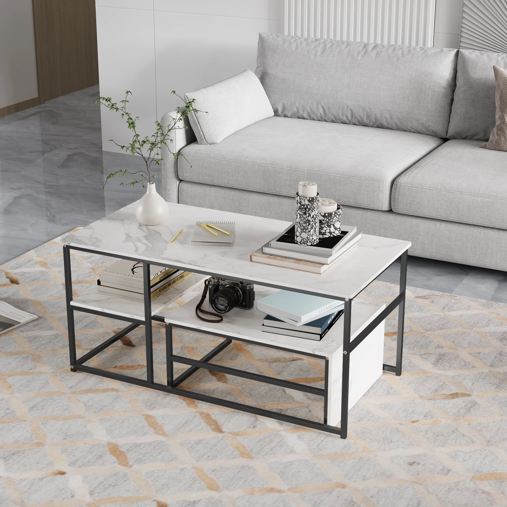 Comanlia Couchtisch, Beistelltische mit Stauraum, Wohnzimmertisch, Marmoroptik, Rechteckig Image