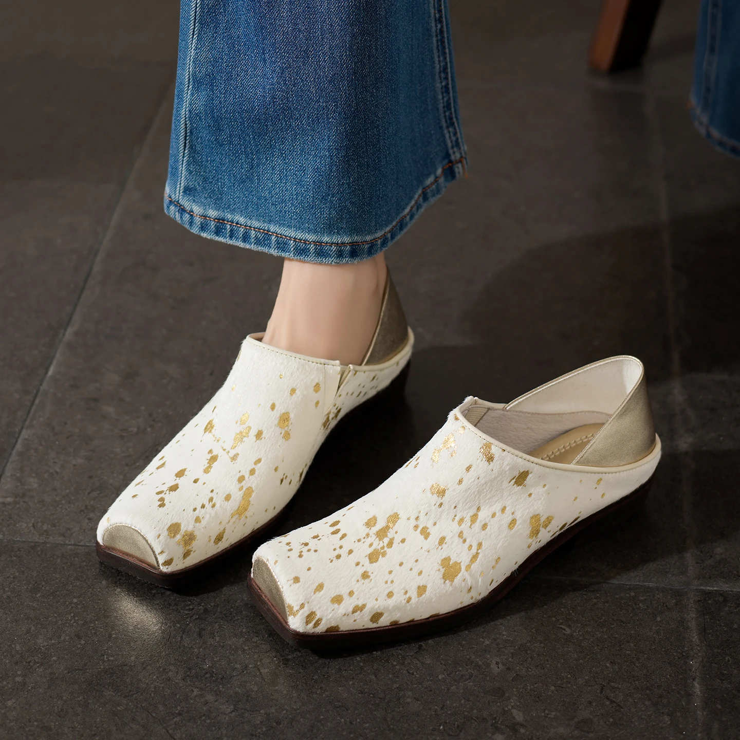 Premium-Luxus-Pumps aus echtem Leder mit Rosshaar, 3 cm niedriger Absatz, quadratische Zehenpartie, modische, lässige Damenschuhe, elegante Damenpumps