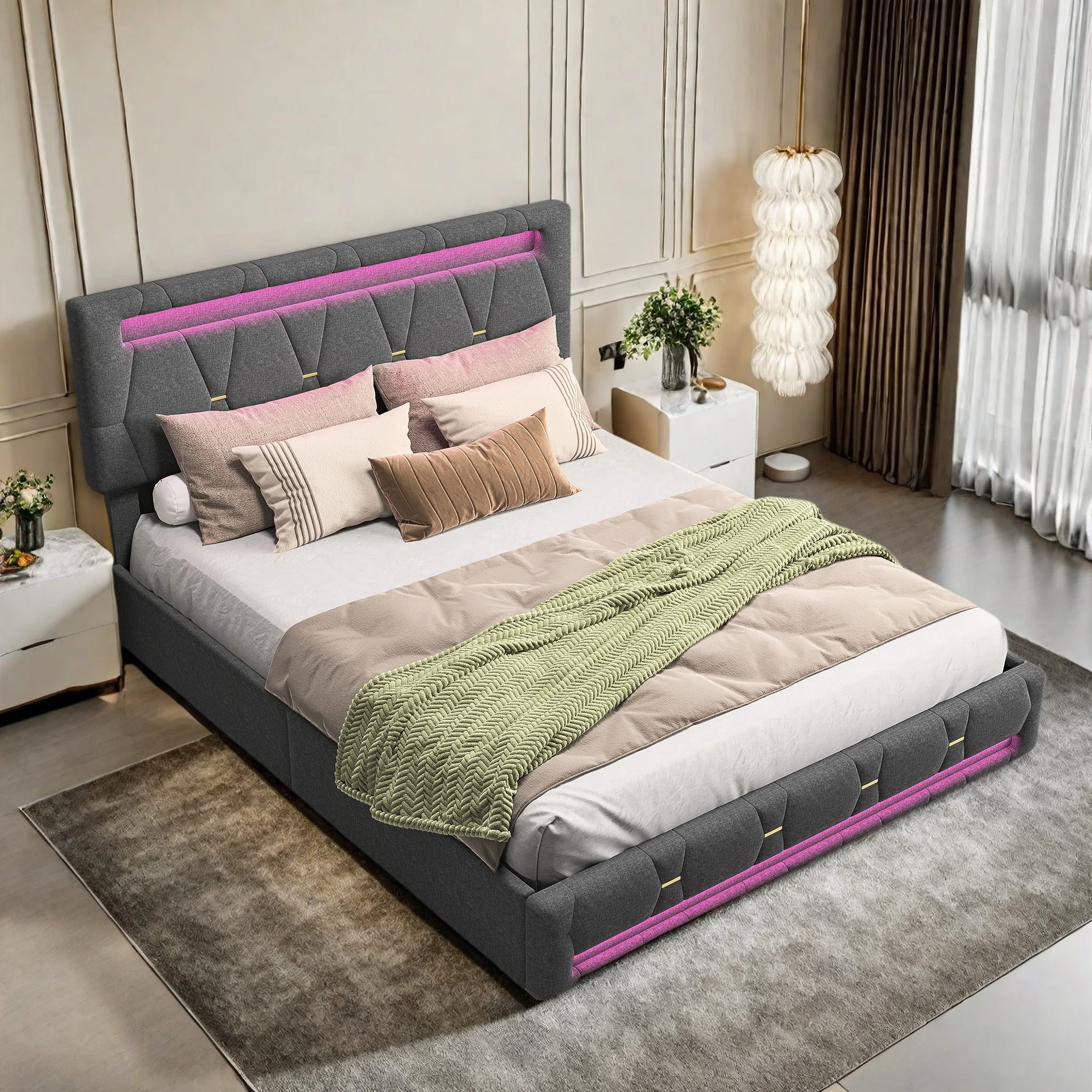 Comanlai Polsterbett, Bettgestell mit 4 Schubladen und Stauraum, Doppelbett mit Ladeanschluss, Leinen, Grau Image