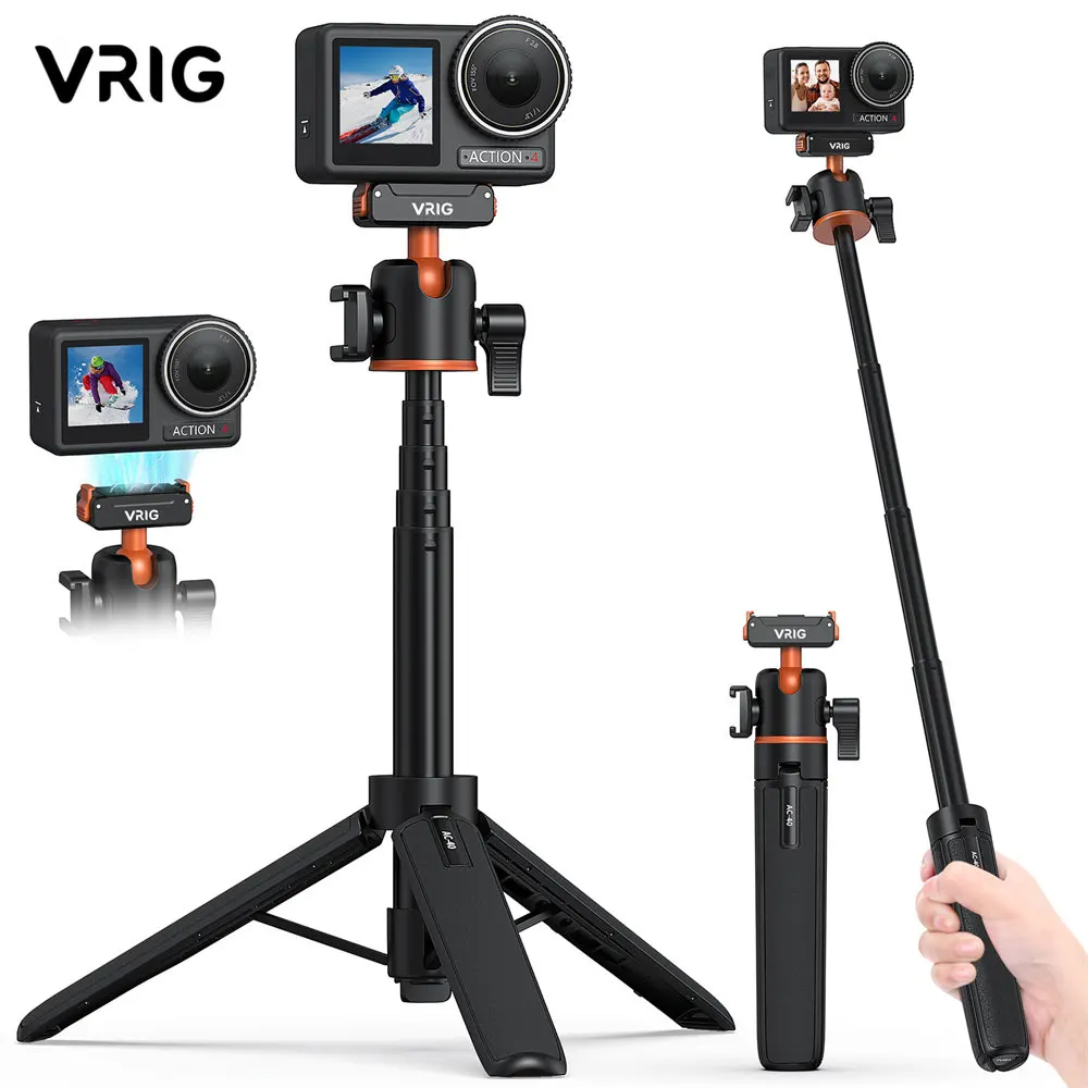 VRIG 21" Schnellverschluss-Magnetstativ für DJI Osmo Action 3/4/5 Pro, ausziehbares Kamerastativ mit 360 drehbarem Kugelkopf und Kaltschuh Image