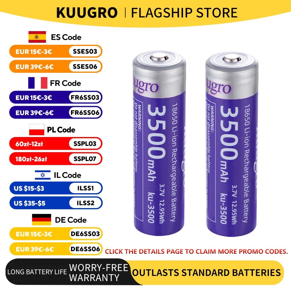 Kuugro Pointed 18650 3500 mAh Lithiumbatterie 3,7 V 12 A Hochgeschwindigkeitsentladung für Taschenlampen mit starkem Licht Image