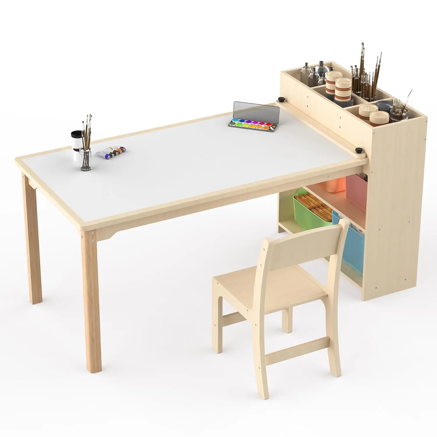 Kinderschreibtisch mit Birkenholzstuhl – kreativer Tisch mit Stauraum für Kinder zum Bemalen, Basteln und Spielen, individuell Image