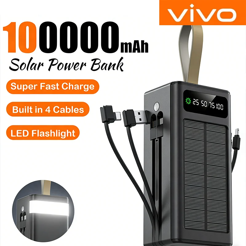 2026NEW 100000 mAh Solar Powered Mobile Power Kabel Externe Batterie LED Licht Tragbare Vier Interface Ladegerät Image