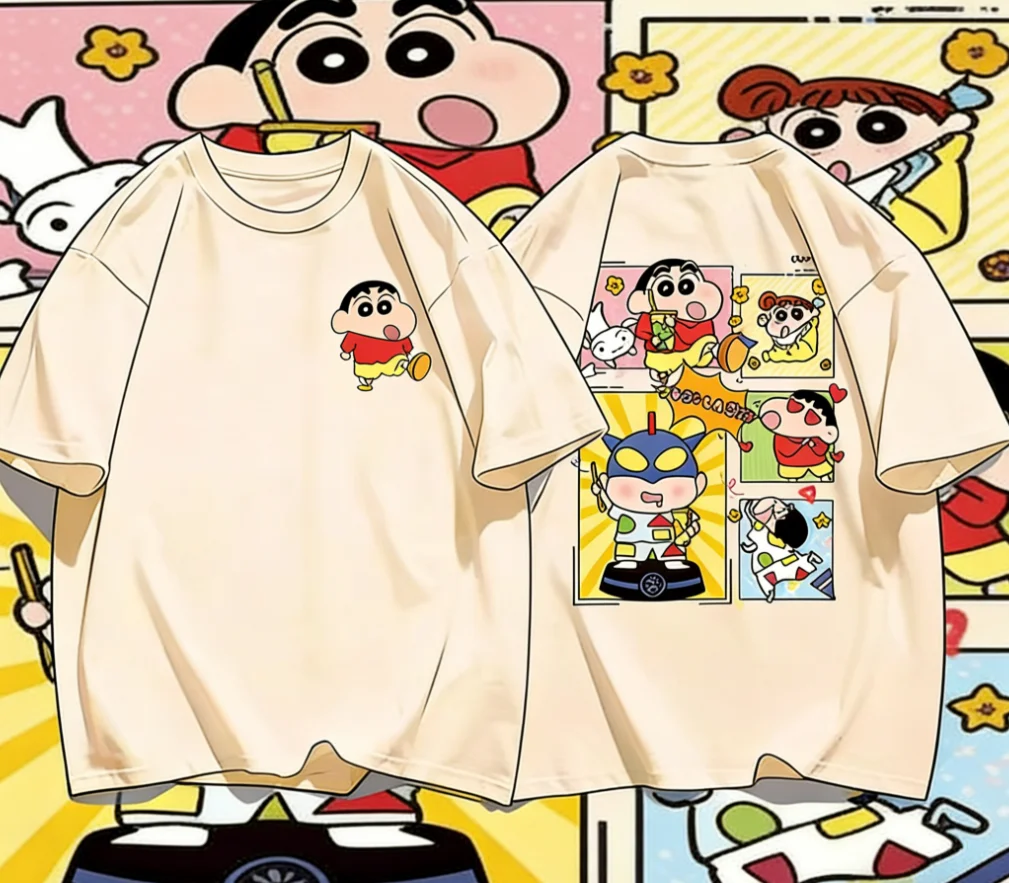 2026 Sommer Comic-Design Crayon Shin-chan Motiv 100% Baumwolle Bedrucktes Oversize Casual T-Shirt für Erwachsene und Kinder Eltern-Kind-Oberteil Y2K Image