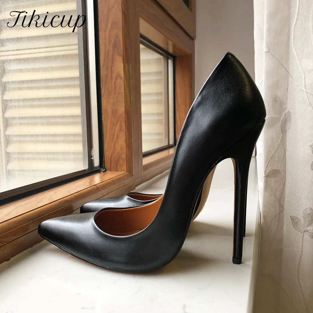 Tikicup Plus Größe 40-48 Schwarz Matt Unisex Spitze Zehen Stiletto Pumps Sexy Crossdress Slip On 15cm High Heel Schuhe für breiten Fuß