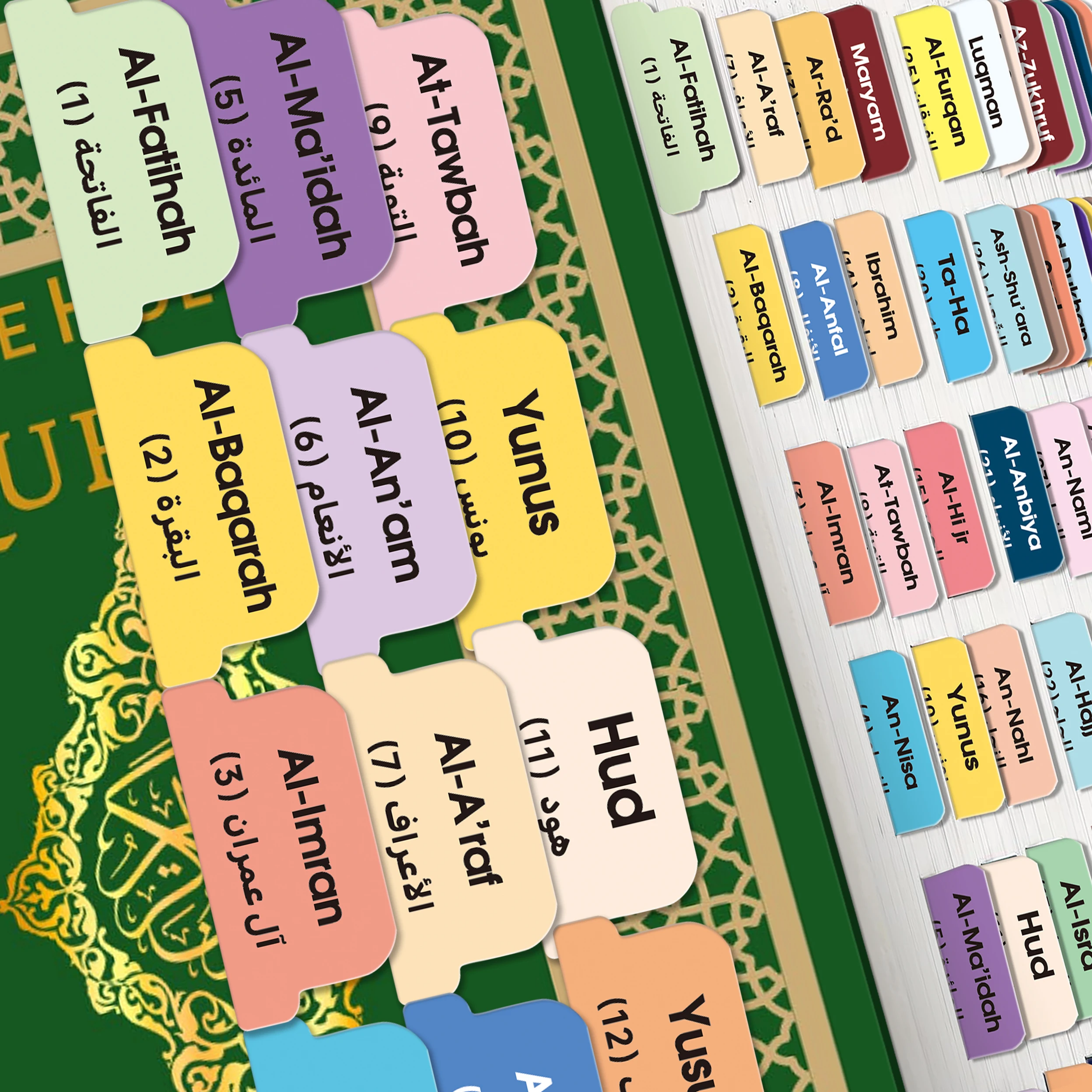 125 Koran-Kapitel-Tabs in Englisch, Arabisch, 141 Surah-Etiketten und 11 leere Tabs, farbenfrohes islamisches Lernzubehör für Koran-Journaling Image