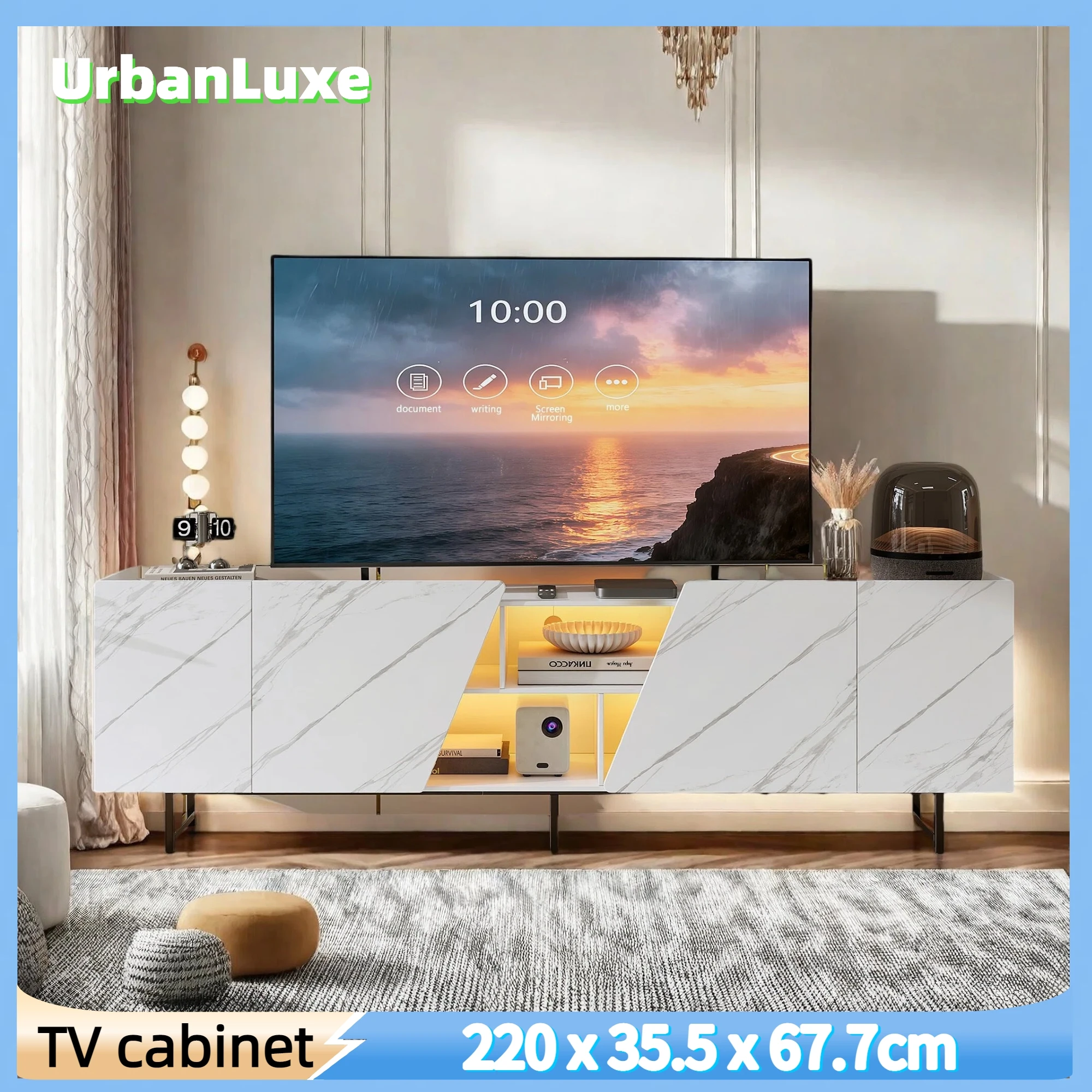 TV-Schrank, 220 cm, mit Beleuchtung, Marmoroptik, Metallrahmen, viel Stauraum, Wohnzimmertisch, Beistelltisch Image