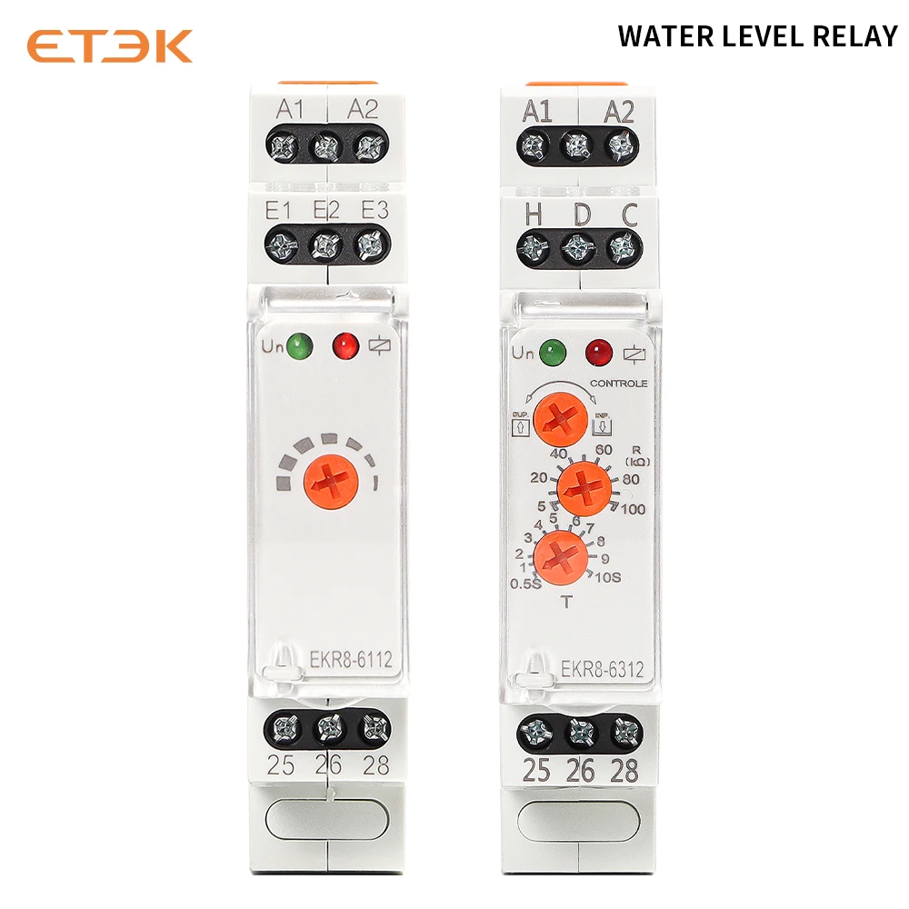 ETEK Wasserstandsrelais, Schwimmerschalter, 24–240 VAC/DC, elektronisches Flüssigkeitsstandskontroll-Überwachungsrelais, 5 A, Typ 3 Knöpfe, funktioniert EKR8 Image