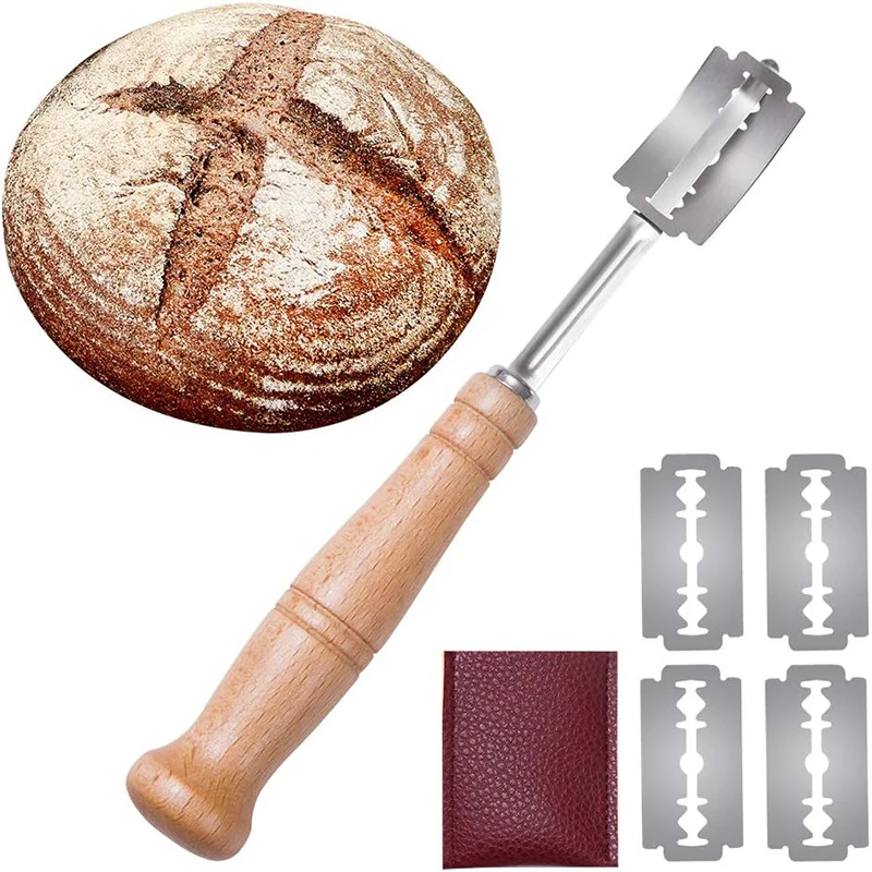 LMETJMA Premium-Brotlatte aus Edelstahl mit 5 Ersatzklingen, gebogener Baguette-Brotschneider mit Holzgriff JT172 Image