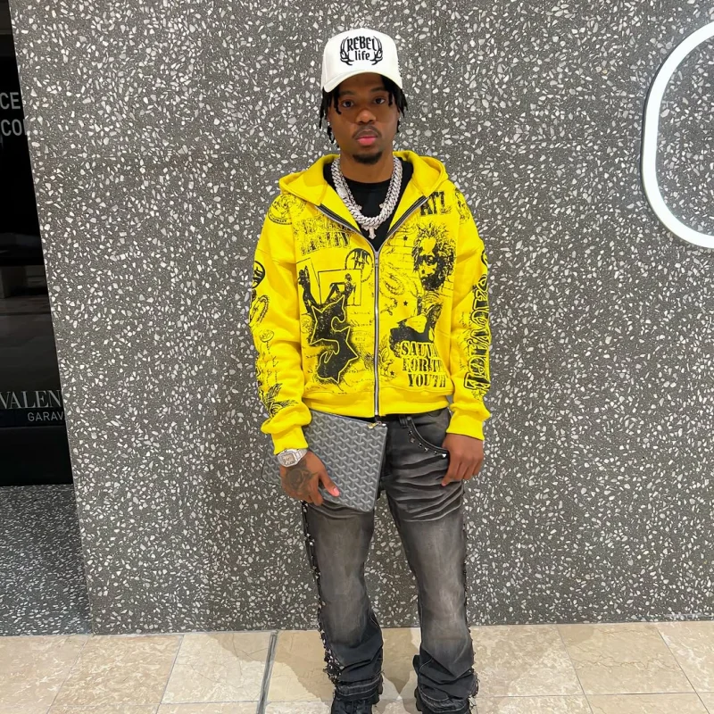 Vintage Gelber Modedruck Reißverschluss-Hoodie Harajuku Hip-Hop Langarm-Mantel Loser Kapuzenpullover für Männer und Frauen Streetwear