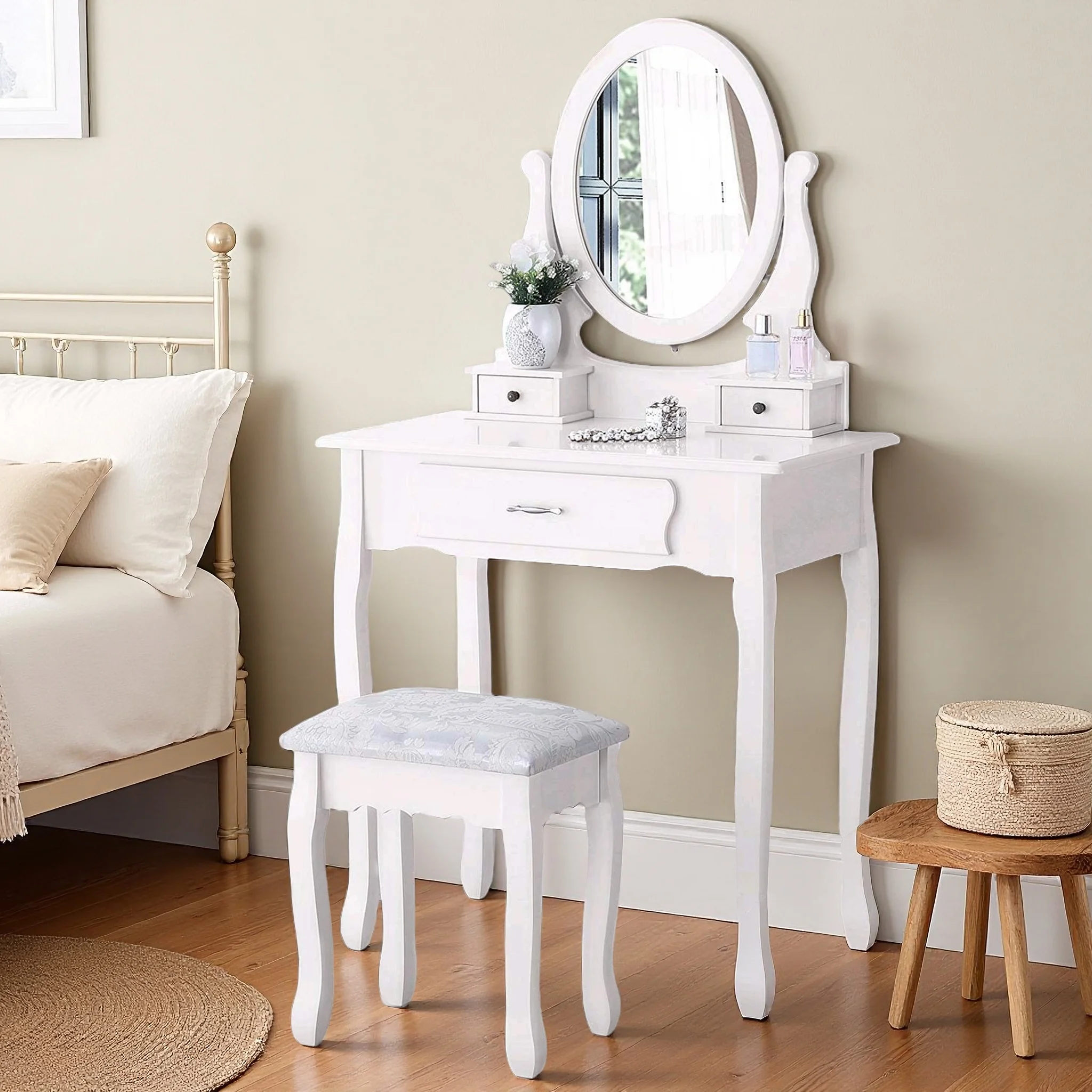 Anajqaqia Weißer Schminktisch mit Spiegel und Hocker, 3 Schubladen, moderner minimalistischer Stil, geeignet für Schlafzimmer oder Ankleidezimmer. Image