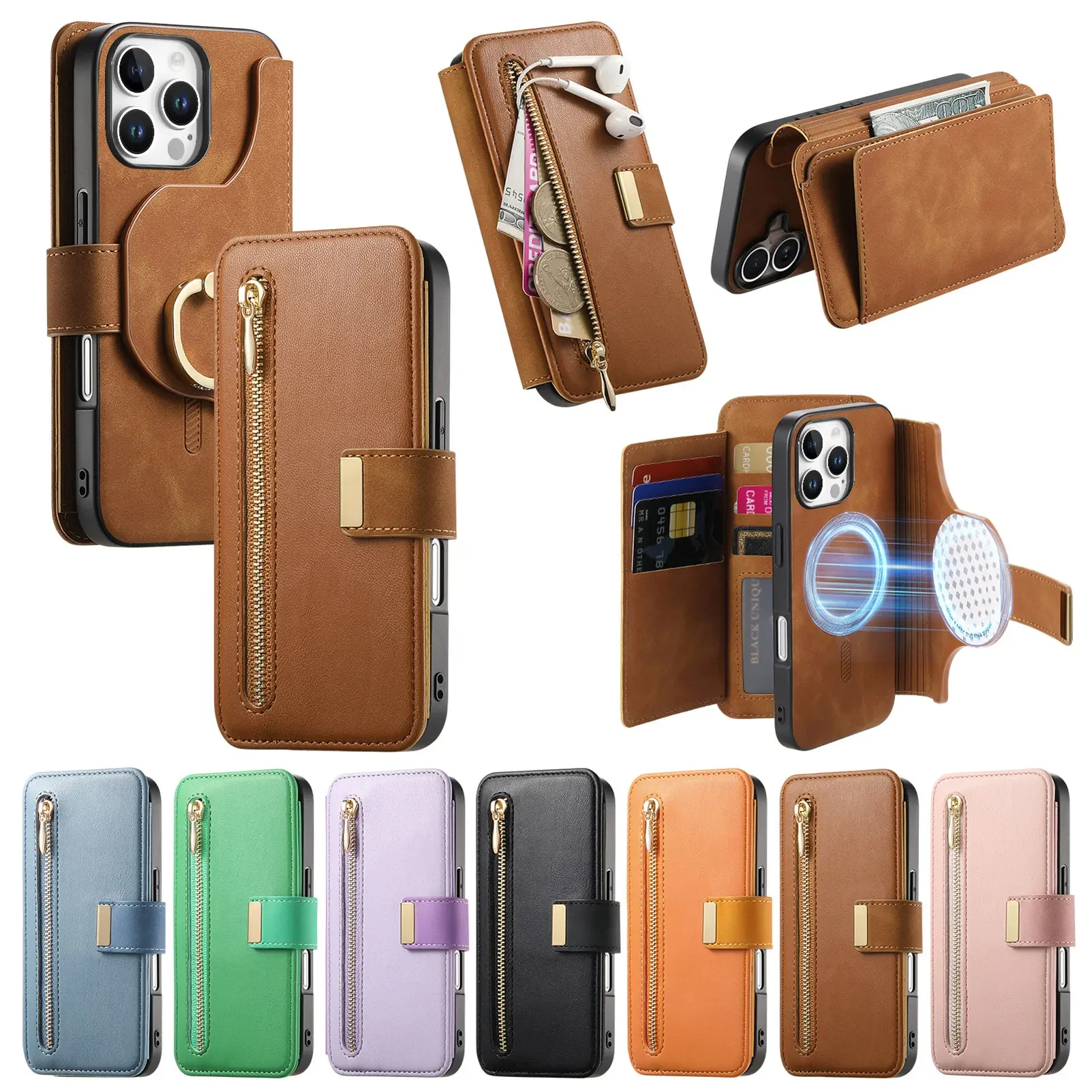 Étui portefeuille en cuir 2 en 1 avec fermeture éclair pour iPhone, porte-monnaie RFID, étui à rabat de poche, cartes amovibles, iPhone 16 Pro Max, iPhone 15 Plus, iPhone 14, iPhone 13, iPhone 12,