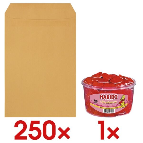 Steinmetz 250 Natron-Versandtaschen C4 ohne Fenster inkl. Fruchtgummi »Liebesherzen« braun, 32.4x22.9 cm