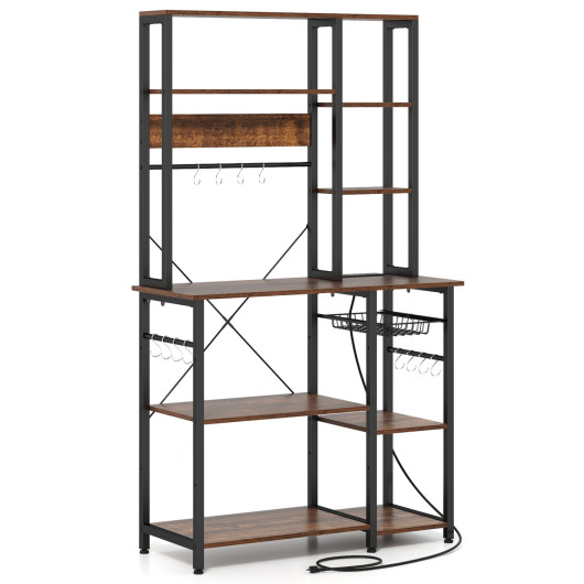 Costway 6-Tier Bakers Rack with Power Outlet Stand Wooden Open Shelves-Rusticbrown