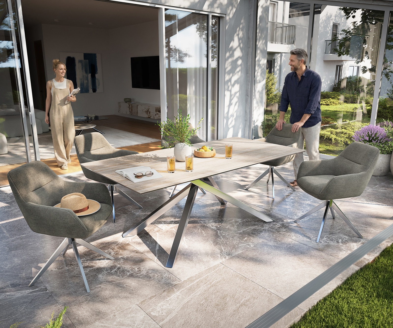 DELIFE Outdoortisch Edge 200x100 cm Keramik Laminam® Travertino Bianco Creme-Weiß Kreuzgestell Rechteck Edelstahl, Outdoortische