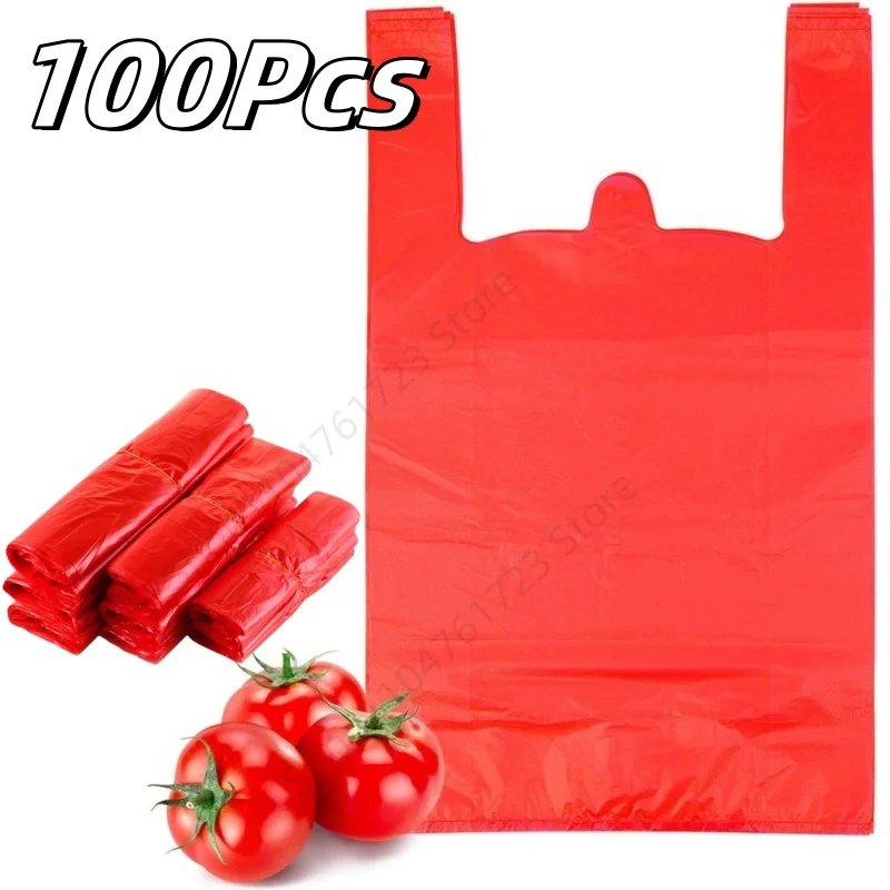 100 Stück rote Plastiktüte verdickt mit Griff, Hochzeit, Party, Süßigkeiten, Geschenktüte, Supermarkt, Einkaufen, Küche, Aufbewahrung, sauberer Müllsack Image