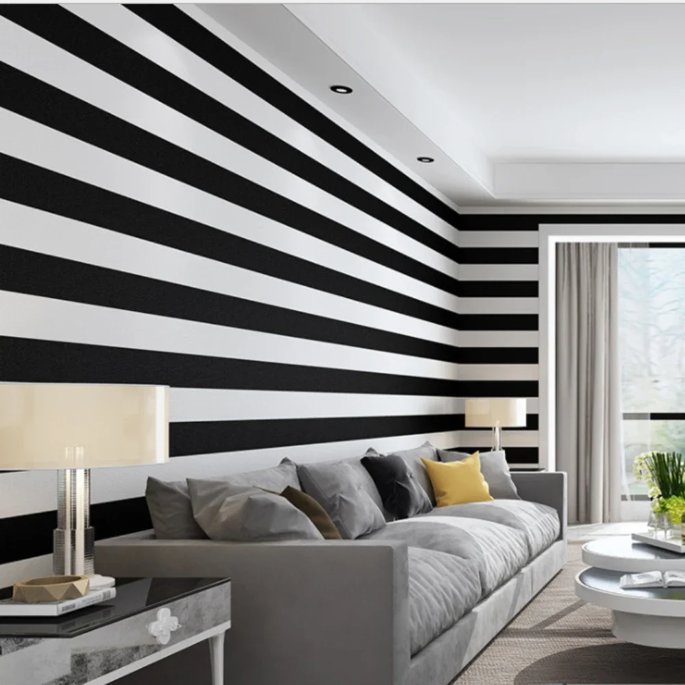 Schwarz-weiß gestreifte selbstklebende Tapete PVC selbstklebende Tapete für Studentenwohnheim Restaurant Hintergrundwand