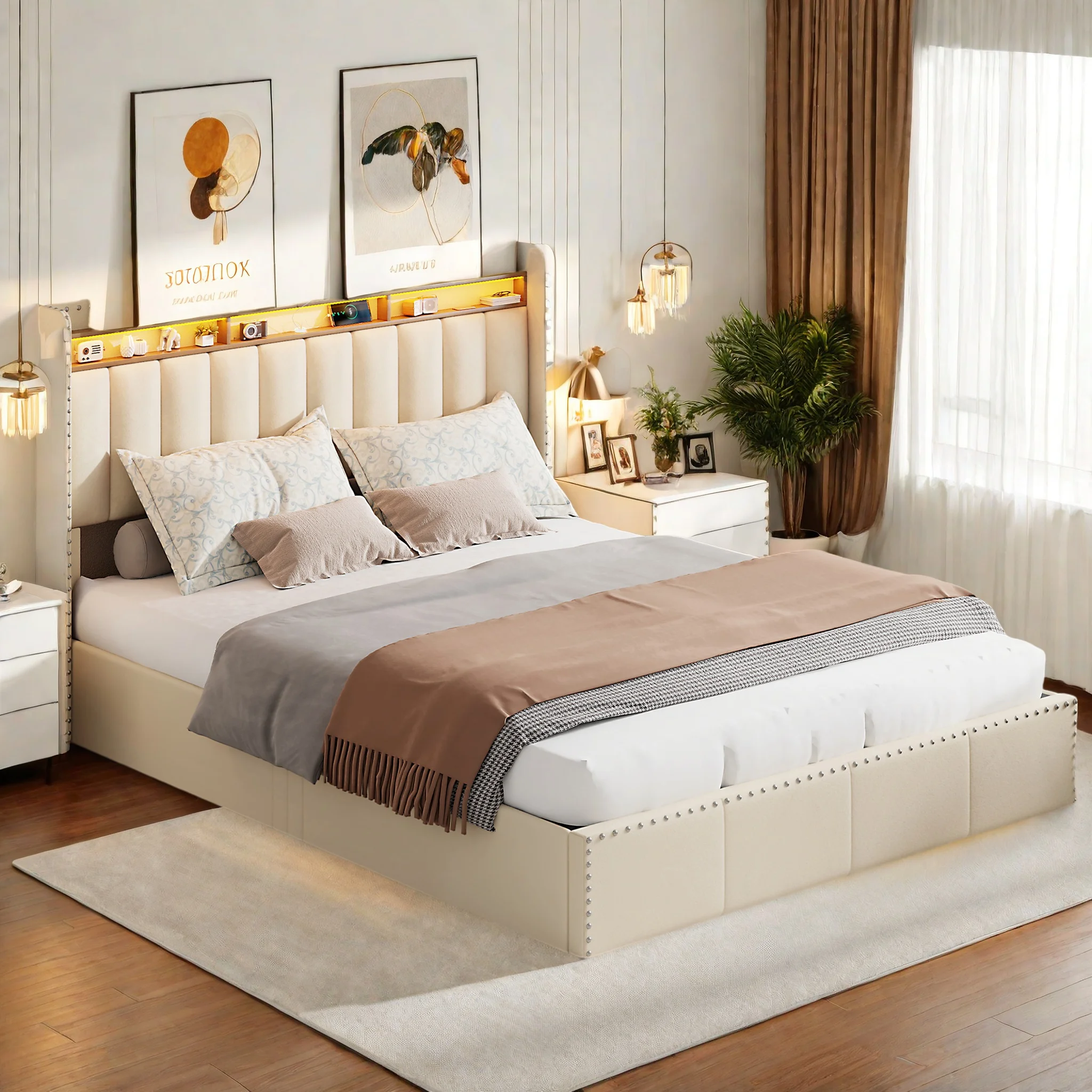 Doppelbett 140 x 200 mit LED, Polsterbett mit USB, Kopfteil, Bett mit Lattenrost und Aufbewahrung, Aufbewahrungsbett, Jugendbett Image