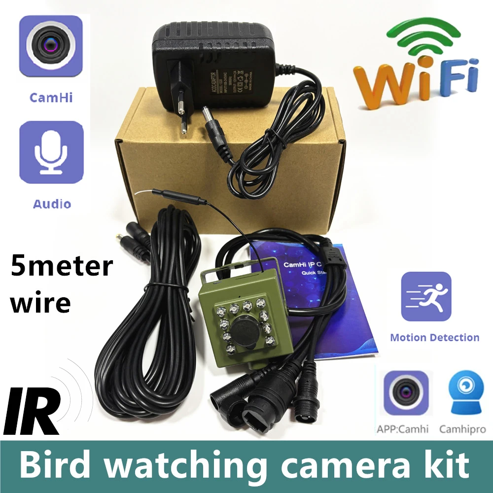 Vogelbeobachtungskamera, kabellos, wildes WLAN, Vogelnest, grünes Box-Set, 5 m Draht, Nachtsicht, 5 MP, 2 MP, P2P-Audio, Mini-IPC im Vogelkäfig Image