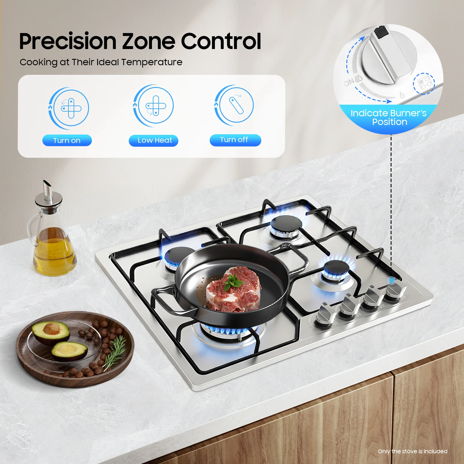 4-Brenner Einbau-Gasherd aus Edelstahl, 58cm Erdgas-Kochfeld für Küche, Gewerbliche und Häusliche Nutzung mit Leicht zu Reinigender Oberfläche Image