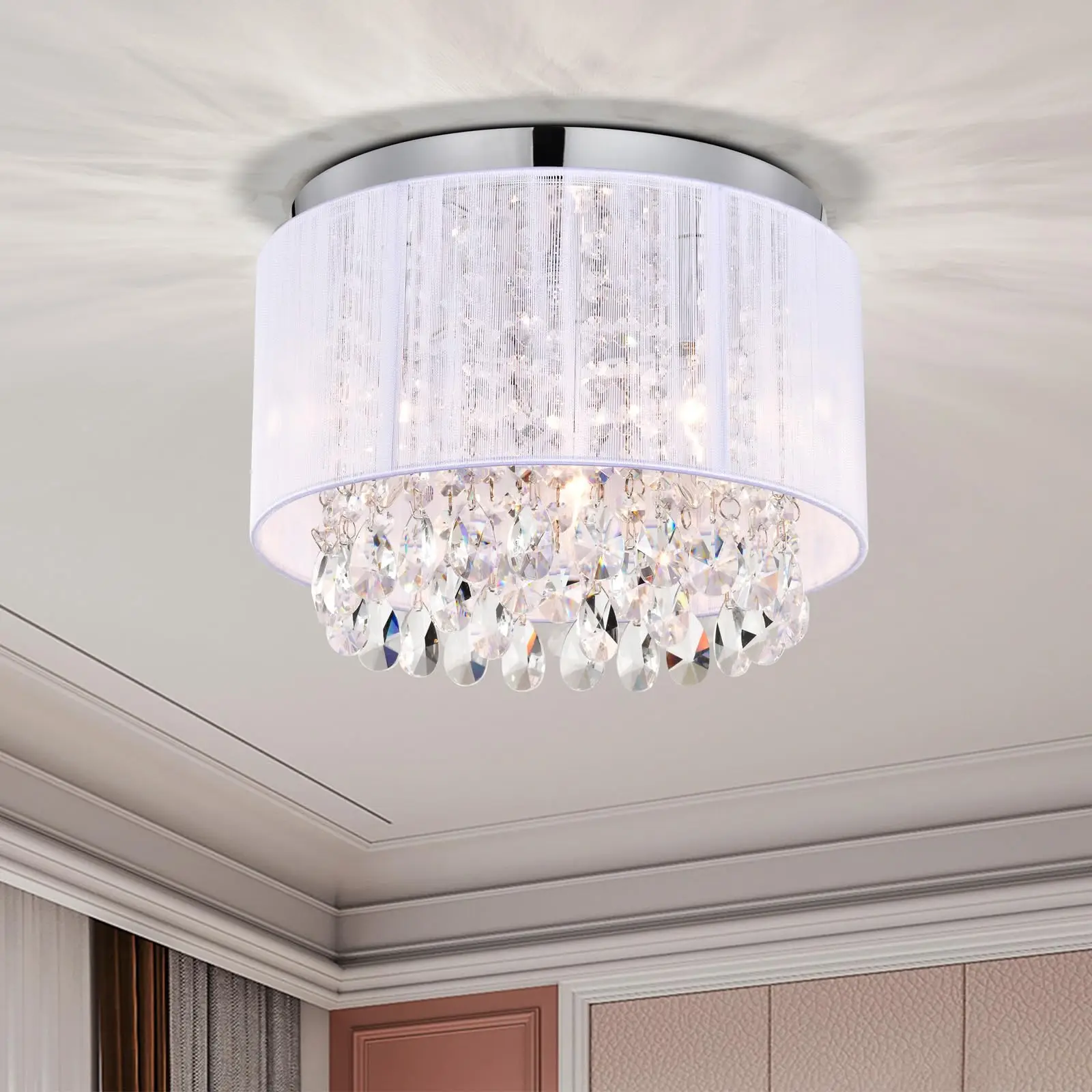 Moderne Kristall-Deckenleuchte, runde, dimmbare, handgefertigte Deckenleuchte mit Stofflampenschirm, weiße Kristall-Deckenleuchte für Flur/Kinderzimmer/Badezimmer