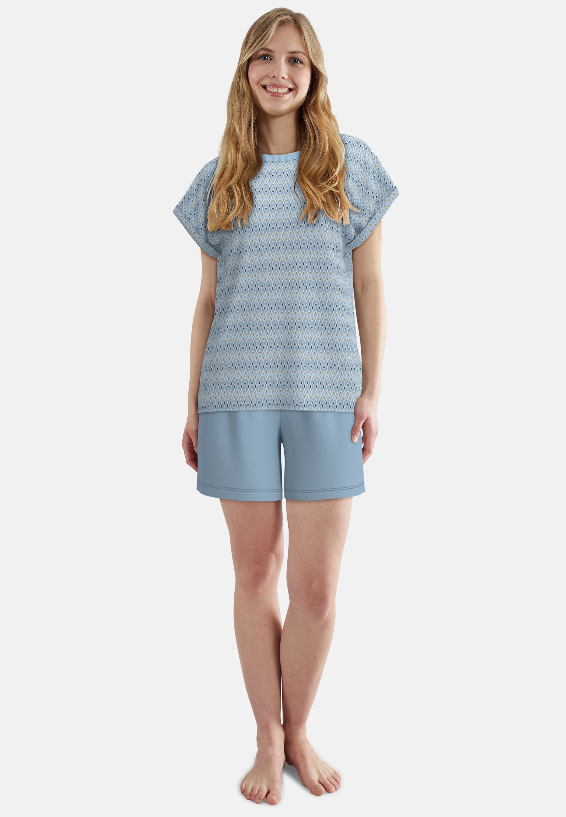 Shorty TOM TAILOR, Damen, Gr. 38, blau, mittel, allover, Single Jersey, Obermaterial: 95% Baumwolle, 5% Elasthan, bequem extrakurz, Rundhals, gerader Abschluss, Homewear-Sets Shorty, Kurzarm, Rundhalsausschnitt, gestreift, Baumwollmix Image