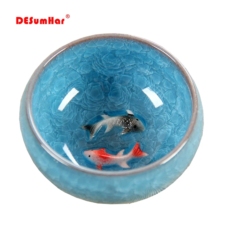 Novità 3D Ceramic Double Fish China Tea Big Cup,Crackle Glaze, ciotola da tè da viaggio, Set di tazze da tè Kung Fu, Set di tazze da tè in porcellana cinese