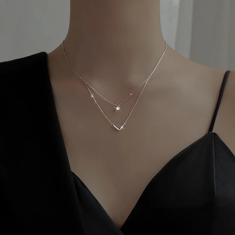 Nuova collana in argento sterling 925 a doppio strato con V zircone lucido geometrico semplice catena clavicola regalo per feste di gioielli di moda da donna