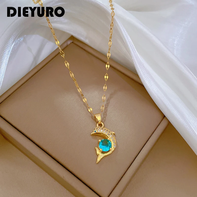 DIEYURO Collana con ciondolo delfino in zircone blu in acciaio inossidabile 316L per le donne Nuovi accessori di gioielli con catena clavicola per ragazze di lusso