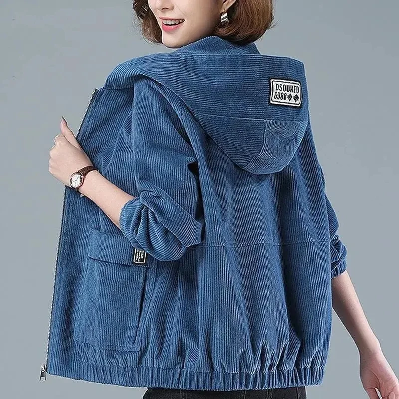 Cappotto corto in velluto a coste 5XL da donna 2024 Primavera Autunno Nuovo coreano allentato solido giacca con cappuccio moda casual femminile cappotto con cerniera top