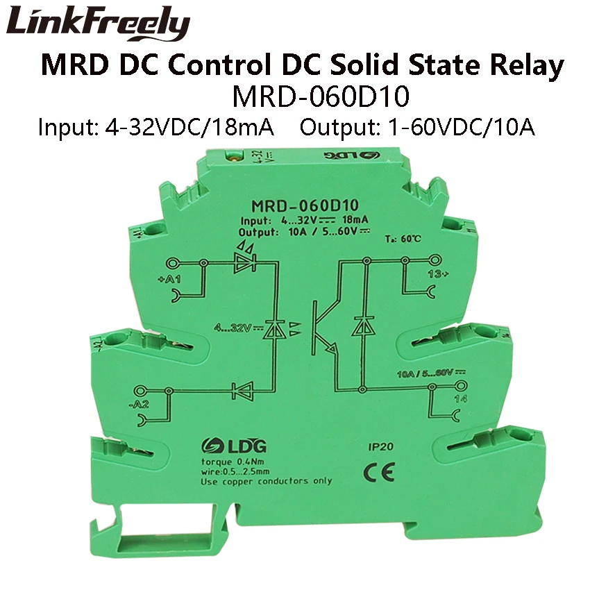 MRD-060D10 10A Mini LED Indicatore di SSR Relè A Stato Solido DC di Ingresso DC: 5V 12V Modulo Relè Interruttore di Tensione di Interfaccia 24VDC Su Guida Din