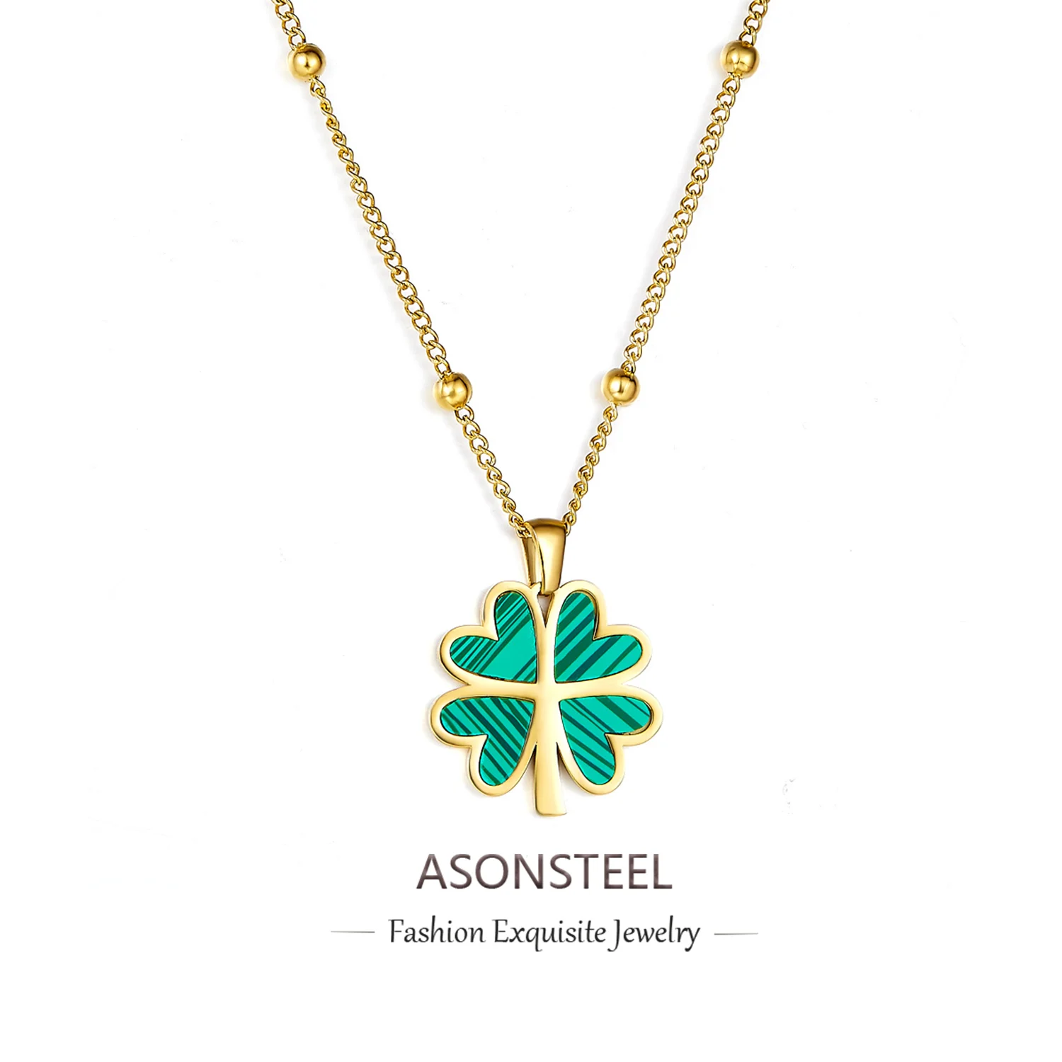 ASONSTEEL Collana con ciondolo Collana con ciondolo a forma di trifoglio verde a quattro foglie Collana alla moda in acciaio inossidabile color oro 45 + 5 cm per le donne Girocollo quotidiano
