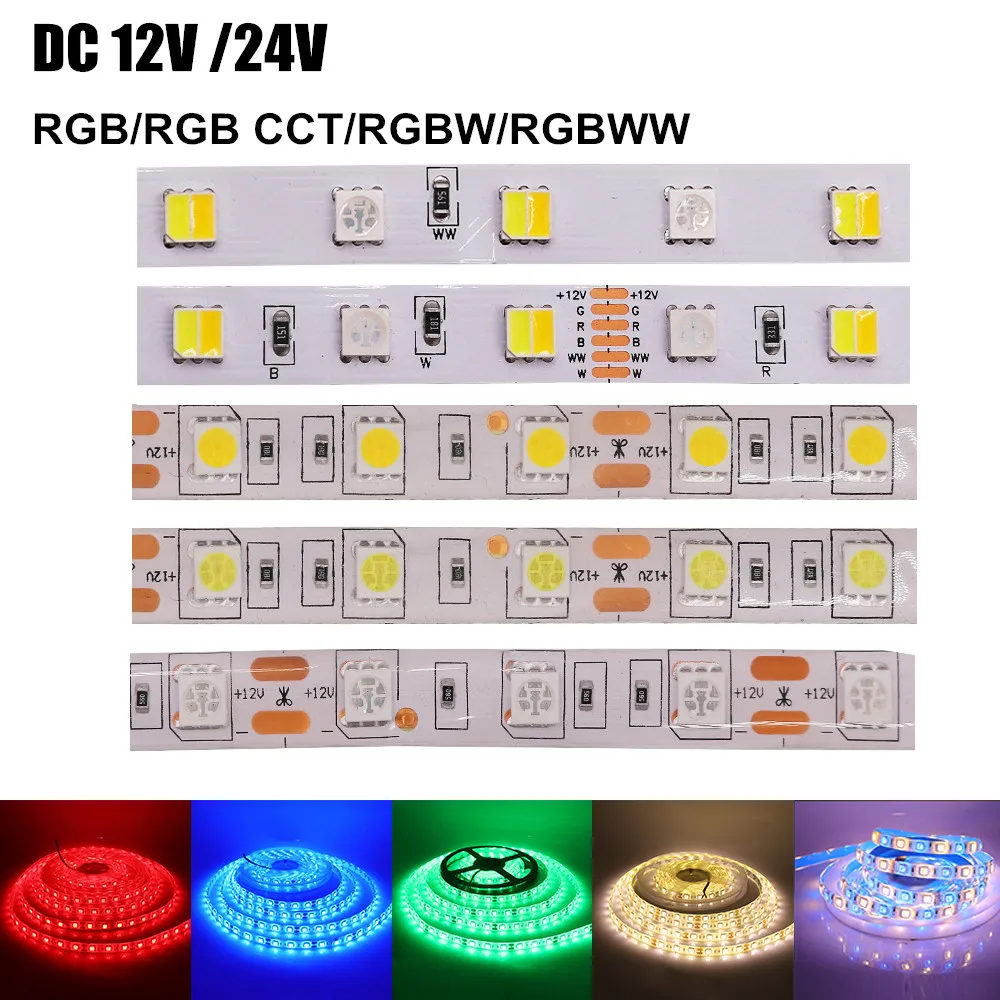 DC 12V 24V 5050 HA CONDOTTO La Striscia RGB RGBW RGBWW RGBCCT Bianco/Bianco Caldo IP21 IP65 IP67 Impermeabile 60LEDs/m Flessibile Nastro LED Della Lampada Della Luce