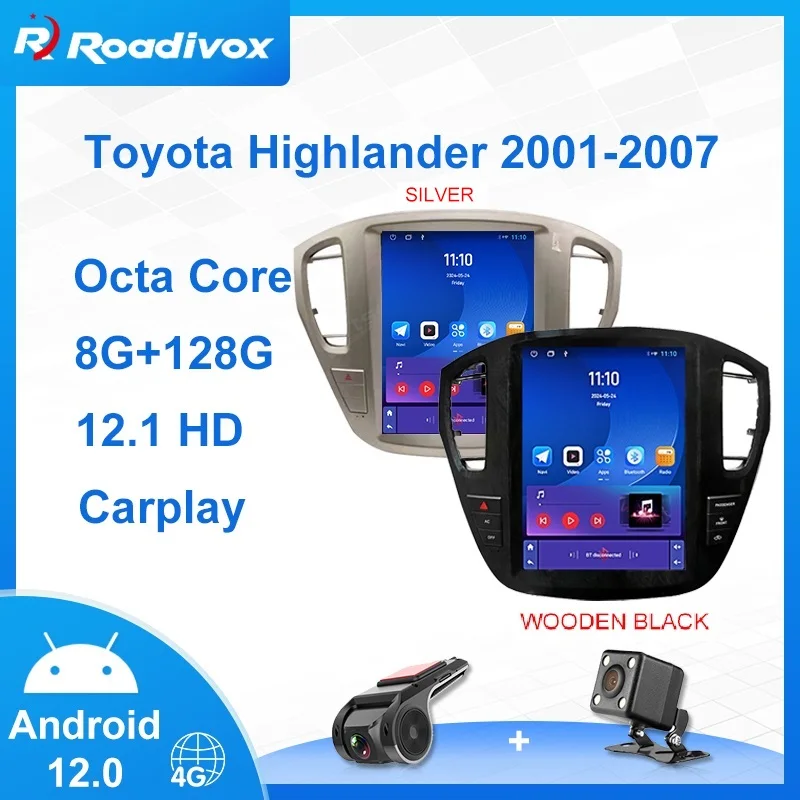 12.1 "Android 12.0 schermo verticale Tesla Style Autoradio Per Toyota Kluger Highlander 2001-2007 Navigazione GPS Schermo Multimediale