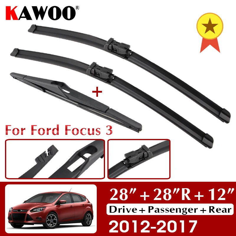 KAWOO Tergicristallo Anteriore Posteriore Spazzole Tergicristallo Set Per Ford Focus 3 2012-2017 2016 Parabrezza Parabrezza Lunotto Anteriore Posteriore 28 "+ 28" R + 12 "