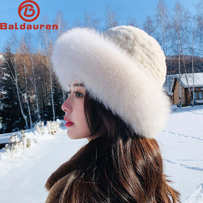 Nuovo stile moda femminile lavorato a maglia soffice vera pelliccia di coniglio Rex cappello da donna all'aperto inverno caldo cappelli di pelliccia di volpe naturale berretto di pelliccia lavorato a