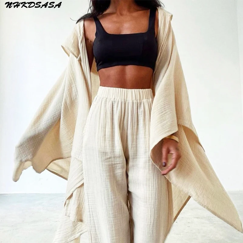 Set di lino in cotone allentato Casual da donna pigiama Cardigan con cappuccio irregolare e pantaloni lunghi abiti eleganti a maniche lunghe in tinta unita 2 pezzi