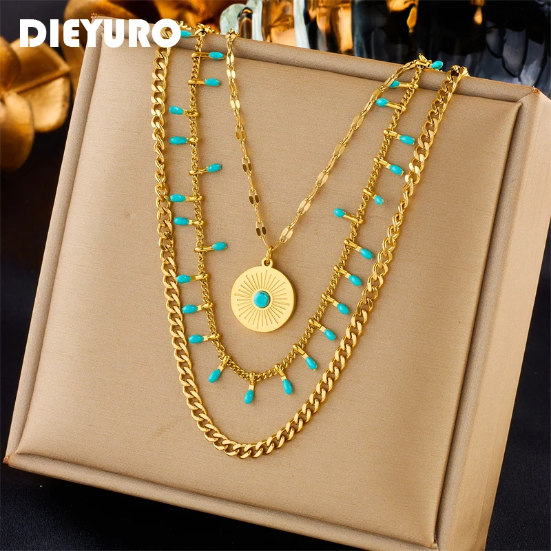 DIEYURO Collana con ciondolo in pietra blu sole rotondo in acciaio inossidabile 316L per donna ragazza nuova tendenza gioielli a catena multistrato