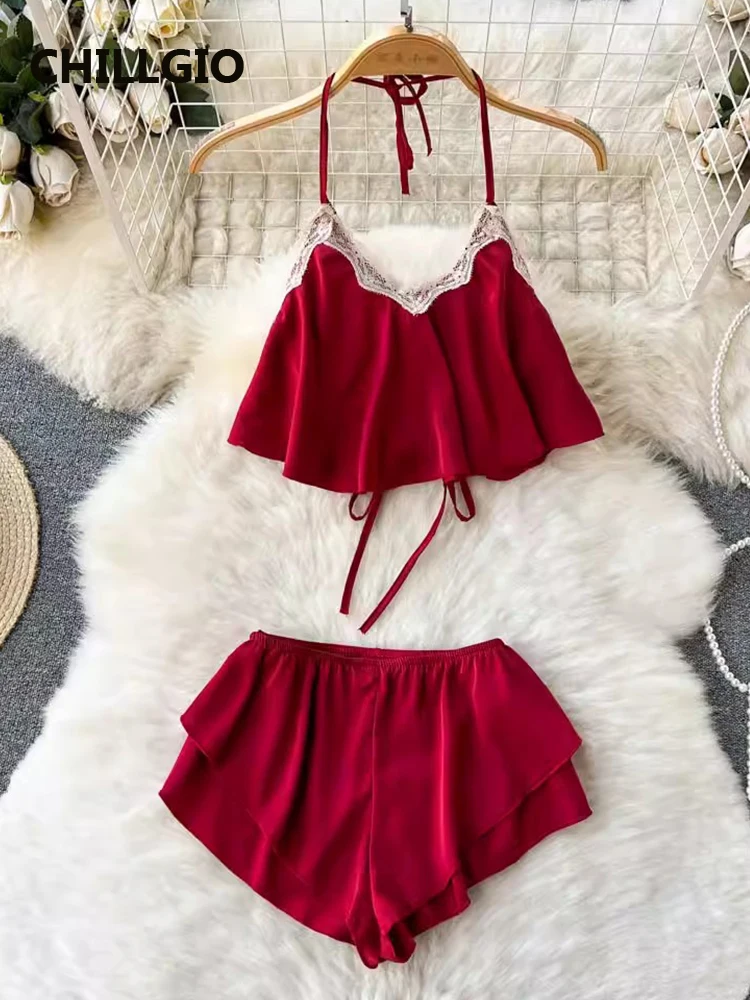 CHILLGIO Donne Hotsweet Pigiama di Raso Abiti Ins Moda Patchwork di Pizzo Canotta Pantaloncini Divisi Vintage Sexy Estate Due Pezzi Set