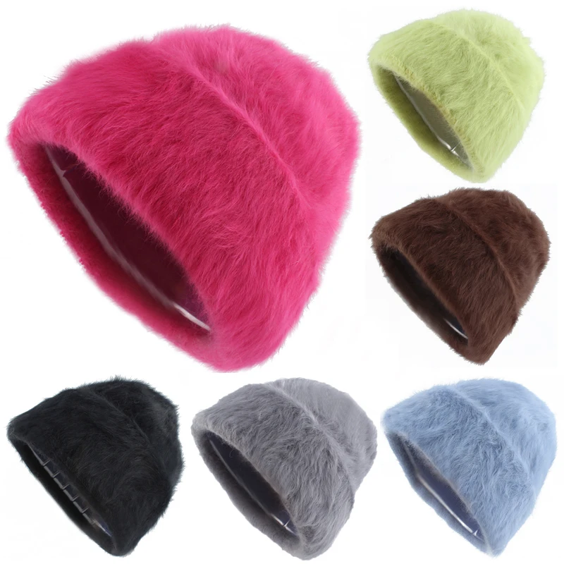 Cappelli invernali per le donne cappello lungo in pelliccia di coniglio caldo berretto berretto femminile berretti moda uomo tinta unita cappello lavorato a maglia in vera pelliccia