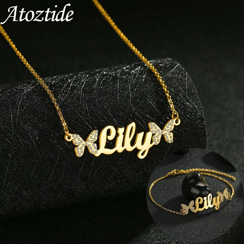 Atoztide Set di gioielli personalizzati Collane Bracciali in pietra zircone Nome in acciaio inossidabile Catena a farfalla per regalo per feste da donna