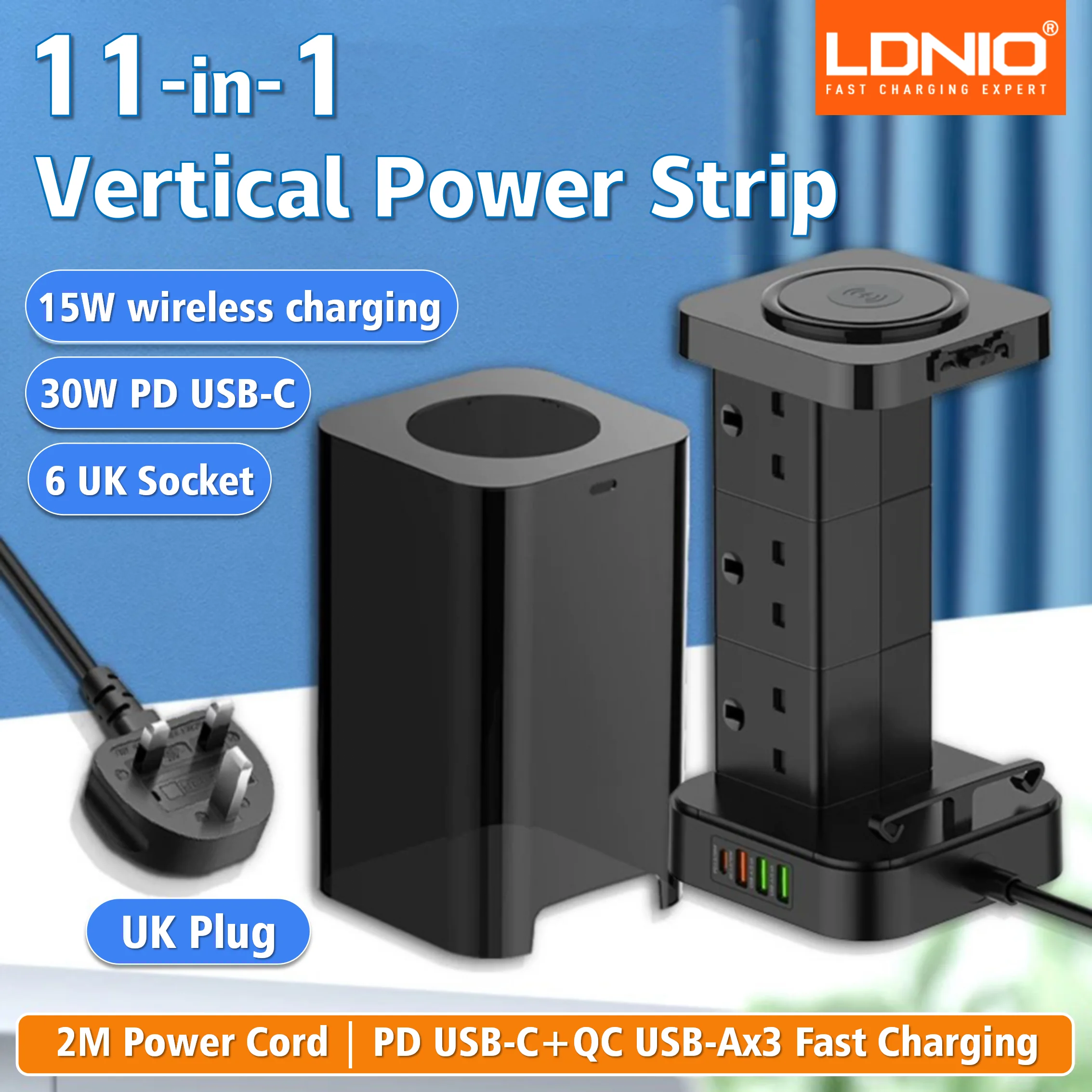 LDNIO Tower-Steckdosenleiste mit 6 Steckdosen + 4 USB-Anschlüssen + kabellosem Ladegerät, 2 m langes Netzkabel, vertikale Steckdose mit UK-Stecker für Zuhause Image