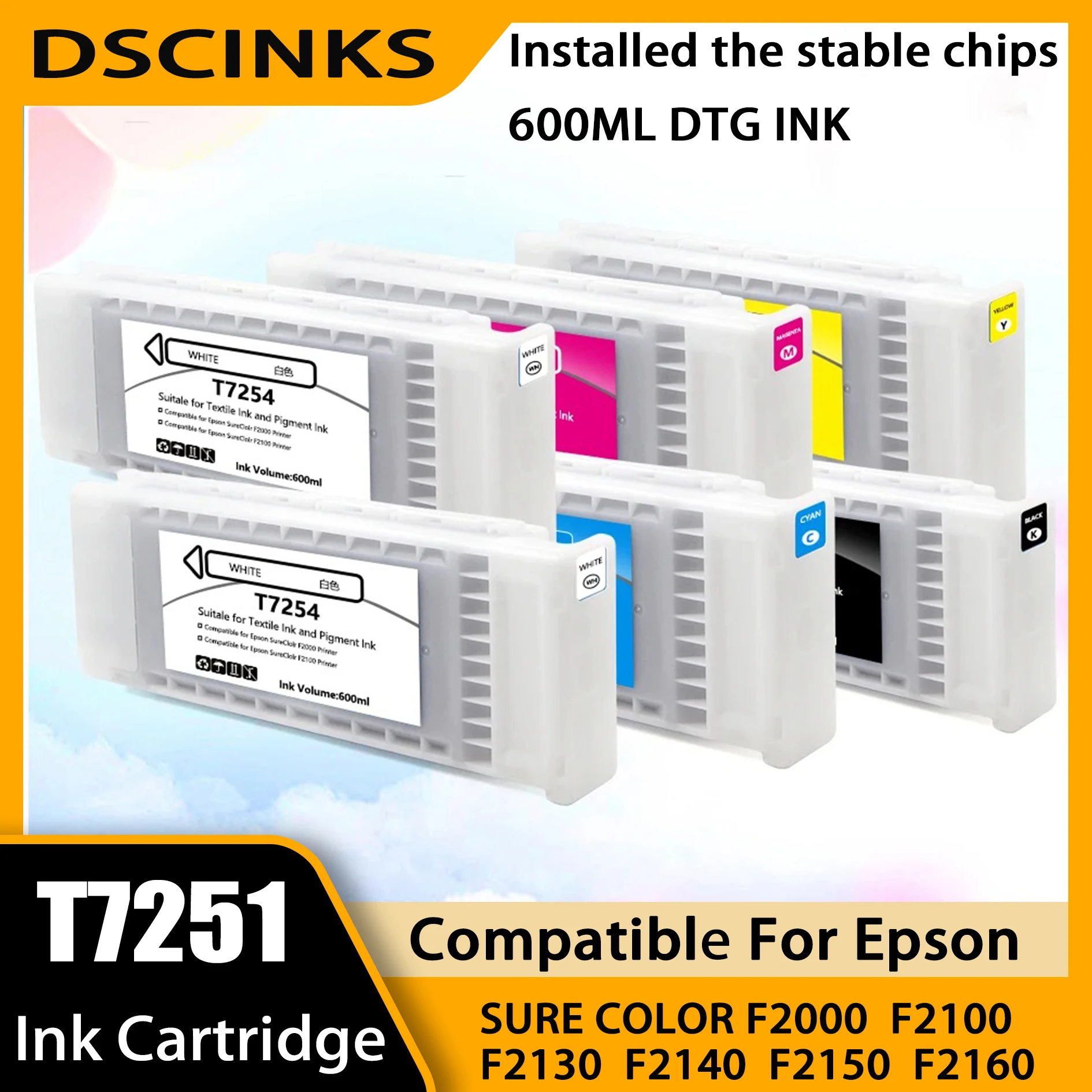 T7251 T7252 T7253 T7254 T725A Kompatible Tintenpatrone für Epson Surecolor F2000 F2100 F2130 F2140 Drucker Volle DTG Textil-Tinte Image