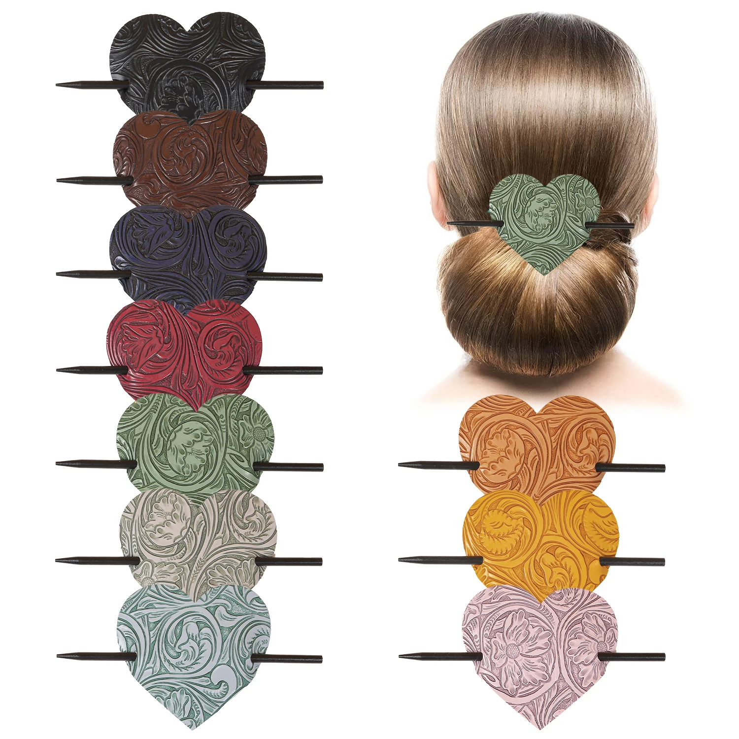 1/5 Stück Damen-Haarspangen mit Stab, PU-Leder-Haarklammern, Herzförmige Haarnadeln, Pferdeschwanzhalter, Haaraccessoires Image