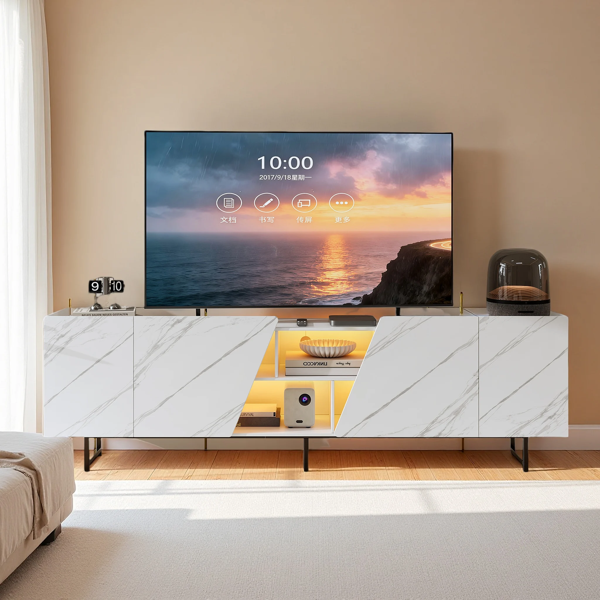 Anajqaqia 220×34,5×67,7 cm TV-Ständer mit LED-Leiste, moderner TV-Schrank, offener Stauraum und Schranktüren sowie Metallhalterung Image